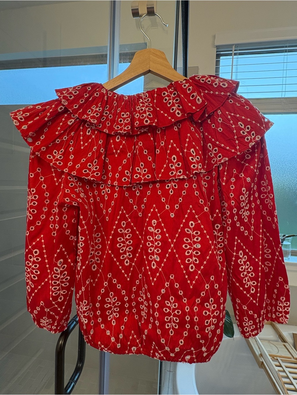 Zara Red Eyelet-Pattern Ruffle Blouse - Picture 2 of 2